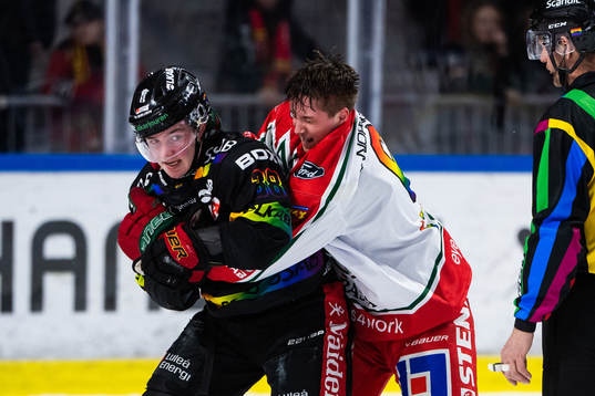 Luleås Olli Nikupeteri och Frölundas Filip Hasa bråkar