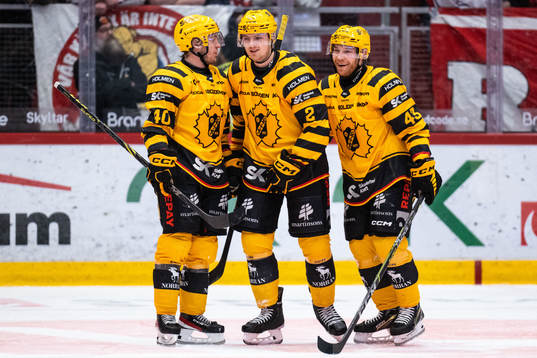 Skellefteås Andreas Wingerli jublar med Linus Högberg och