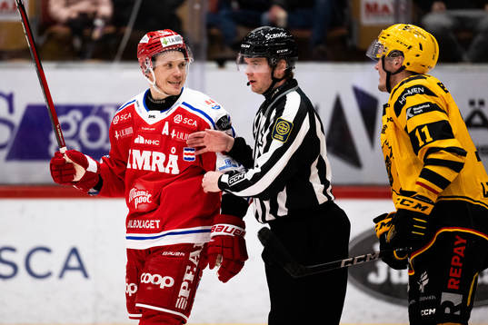Timrås Didrik Strömberg diskuterar med Skellefteås Max