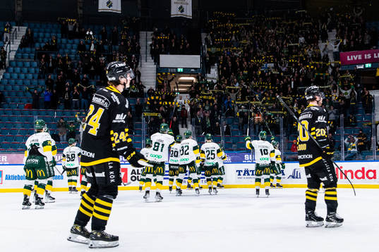 Björklövens spelare jublar med supportrar bakom AIKs
