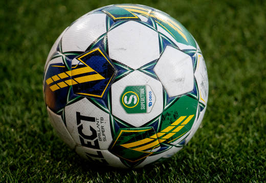 En fotboll med Superettans logo på