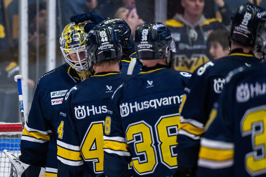 HV71s målvakt Joni Ortio jublar med lagkamrater