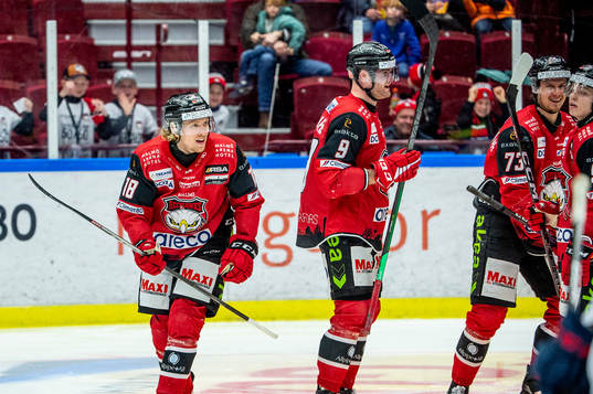 Malmö Redhawks Marcus Sylvegård jublar med lagkamraterna
