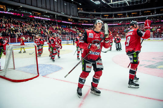 Malmö Redhawks Emil Sylvegård jublar med lagkamraterna