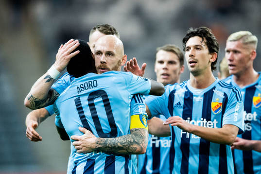 Djurgårdens Magnus Eriksson jublar med Joel Asoro