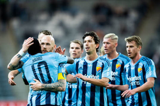 Djurgårdens Magnus Eriksson jublar med Joel Asoro