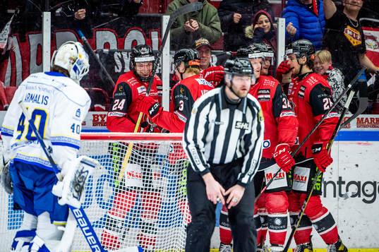 Malmö Redhawks Anton Wahlberg jublar med lagkamraterna