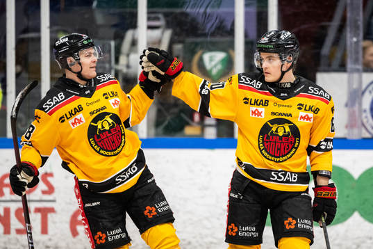 Luleås Niklas Olausson jublar med Joonas Rask