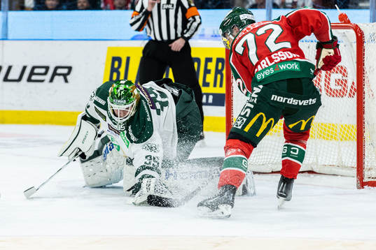Färjestads målvakt Dennis Hildeby och Frölundas Patrik