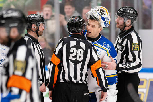 Leksands målvakt Mantas Armalis i samtal med domarna