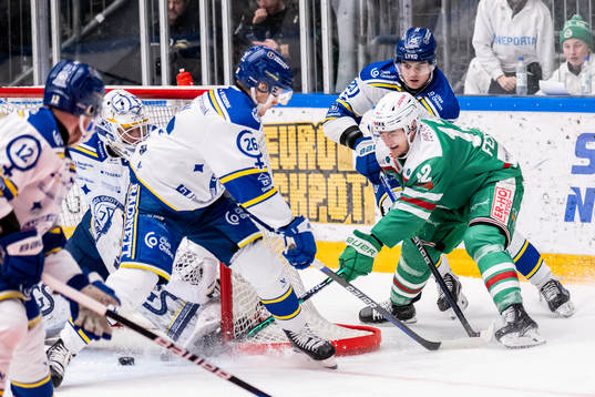 Rögles Brady Ferguson oroar mot Leksands målvakt Mantas