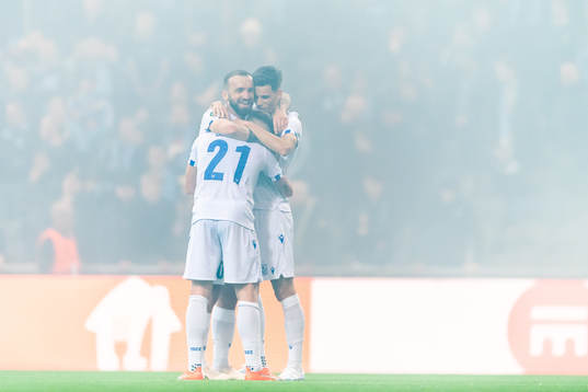 Players of Lech Poznan celebrate the 0-2 goal by Michal