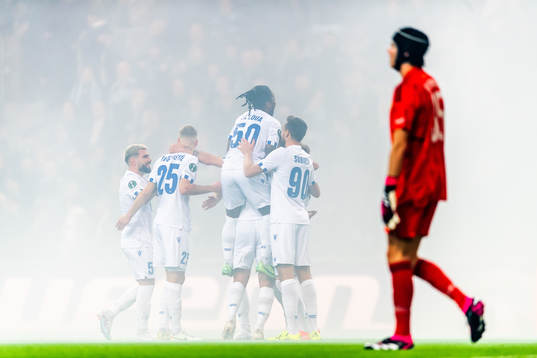 Players of Lech Poznan celebrates the 0-3 goal by Michal