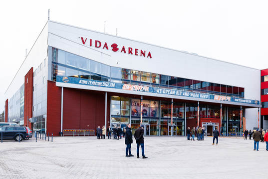 Exteriör vy av Vida arena före kvartsfinal ett i SHL