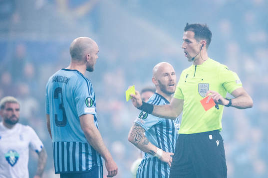 Marcus Danielson of Djurgården receives a red card from