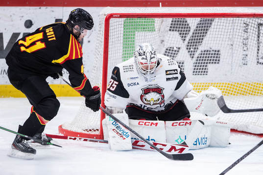 Brynäs Greg Scott och Malmö Redhawks målvakt Adam Werner