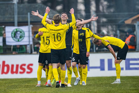 Mjällbys Alexander Johansson jublar med Arvid Brorsson