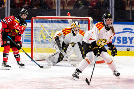 Brynäs Rosa Lindstedt täcker skott framför målvakt