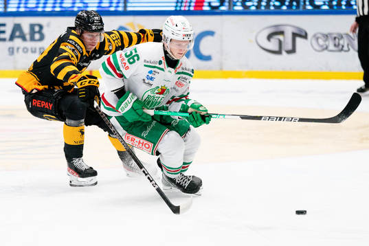 Rögles Adam Engström och Skellefteå AIKs Albin Sundsvik
