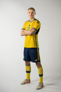 Carl Starfelt of the Swedish national football team poses