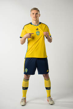 Carl Starfelt of the Swedish national football team poses