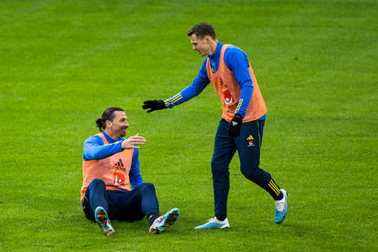 Zlatan Ibrahimovic and Viktor Claesson of the Swedish