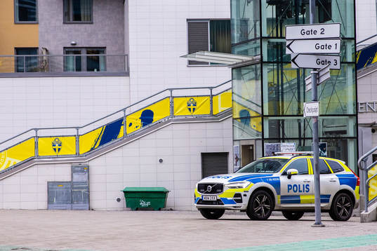 A police car outside of media entrance Gate 2 at Friends