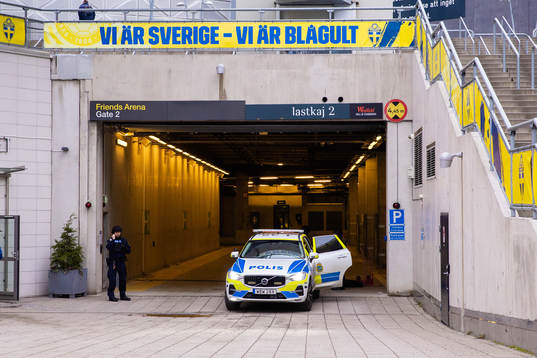 A police car outside of media entrance Gate 2 at Friends