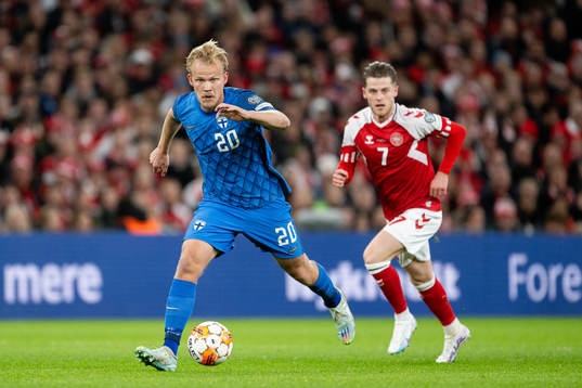Joel Pohjanpalo of Finland and Mathias Jensen of Denmark