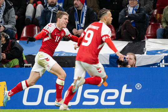 Rasmus Højlund of Denmark celebrates the 1-0 goal