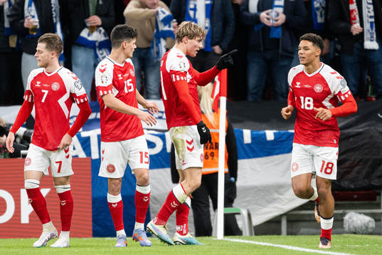 Rasmus Højlund of Denmark celebrates the 1-0 goal