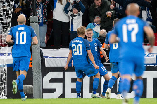 Oliver Antman of Finland celebrates the 1-1 goal