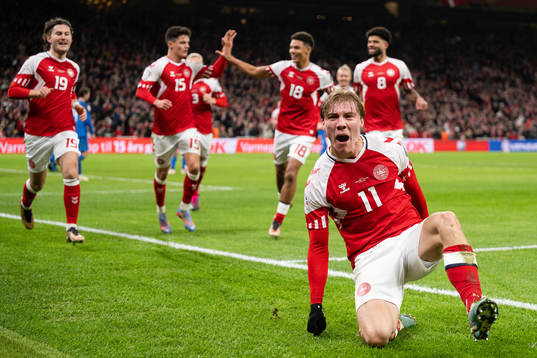 Rasmus Højlund of Denmark celebrates the 2-1 goal
