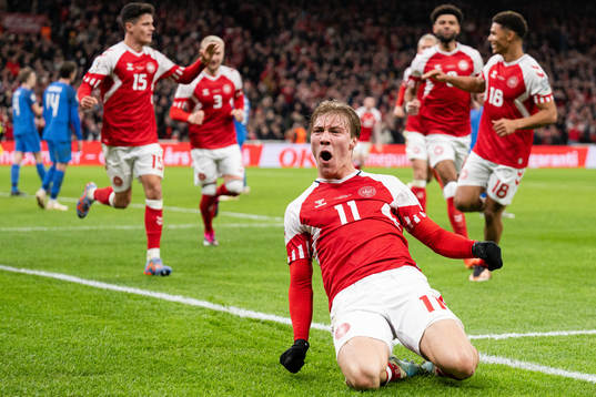 Rasmus Højlund of Denmark celebrates the 2-1 goal