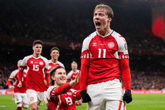 Rasmus Højlund of Denmark celebrates the 2-1 goal