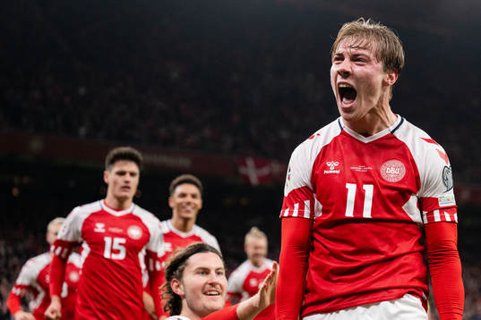 Rasmus Højlund of Denmark celebrates the 2-1 goal