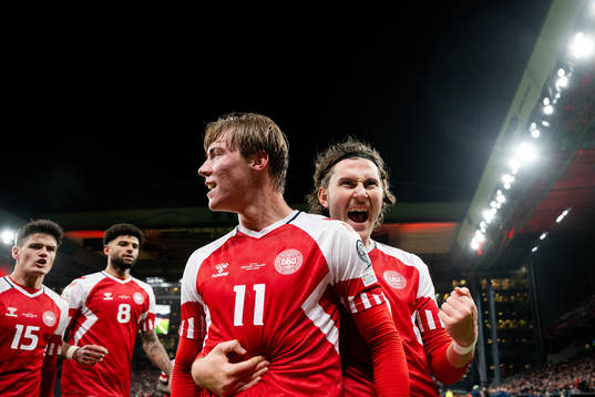 Rasmus Højlund of Denmark celebrates the 2-1 goal