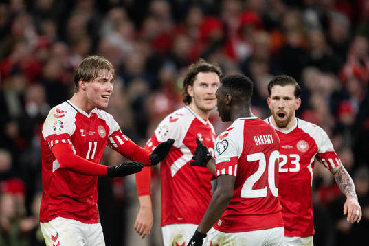 Rasmus Højlund of Denmark celebrates the 3-1 goal