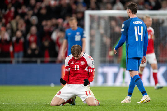 Rasmus Højlund of Denmark celebrates