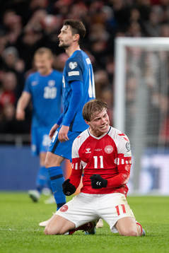 Rasmus Højlund of Denmark celebrates