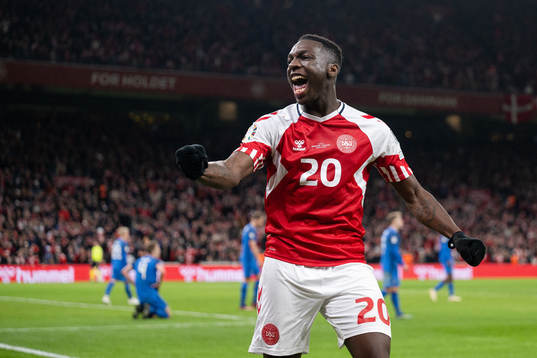 Mohamed Daramy of Denmark celebrate the 3-1 goal by Rasmus