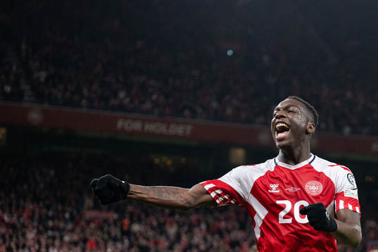 Mohamed Daramy of Denmark celebrate the 3-1 goal by Rasmus