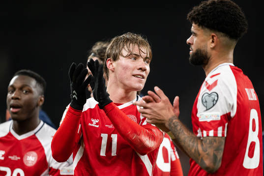 Rasmus Højlund of Denmark celebrates