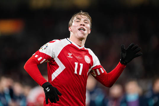 Rasmus Højlund of Denmark celebrates