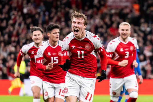 Rasmus Højlund of Denmark celebrates