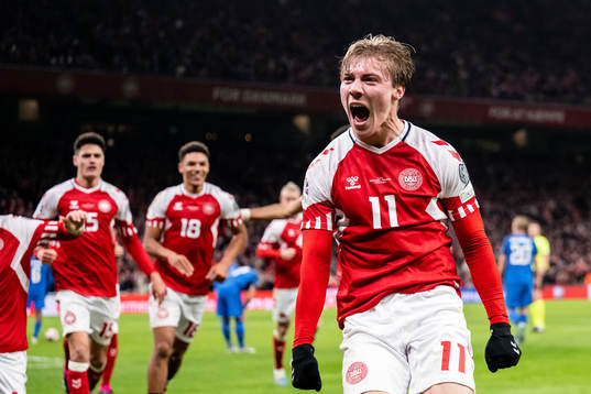 Rasmus Højlund of Denmark celebrates
