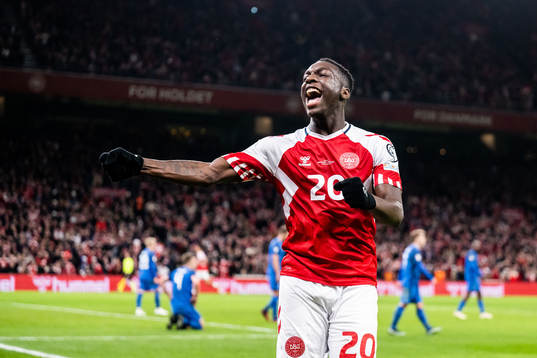 Mohamed Daramy of Denmark celebrate the 3-1 goal by Rasmus