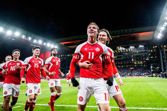 Rasmus Højlund of Denmark celebrate with Jonas Wind
