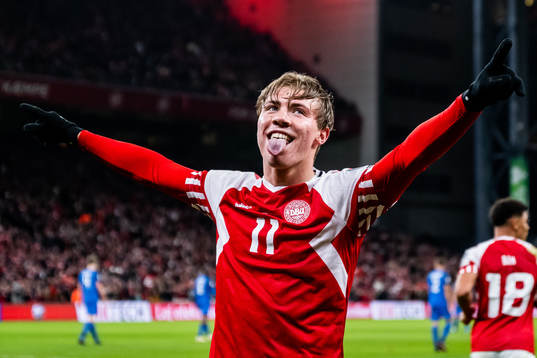Rasmus Højlund of Denmark celebrates