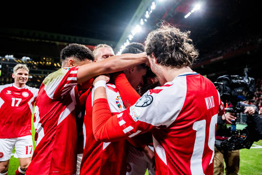 Rasmus Højlund of Denmark celebrate with teammates